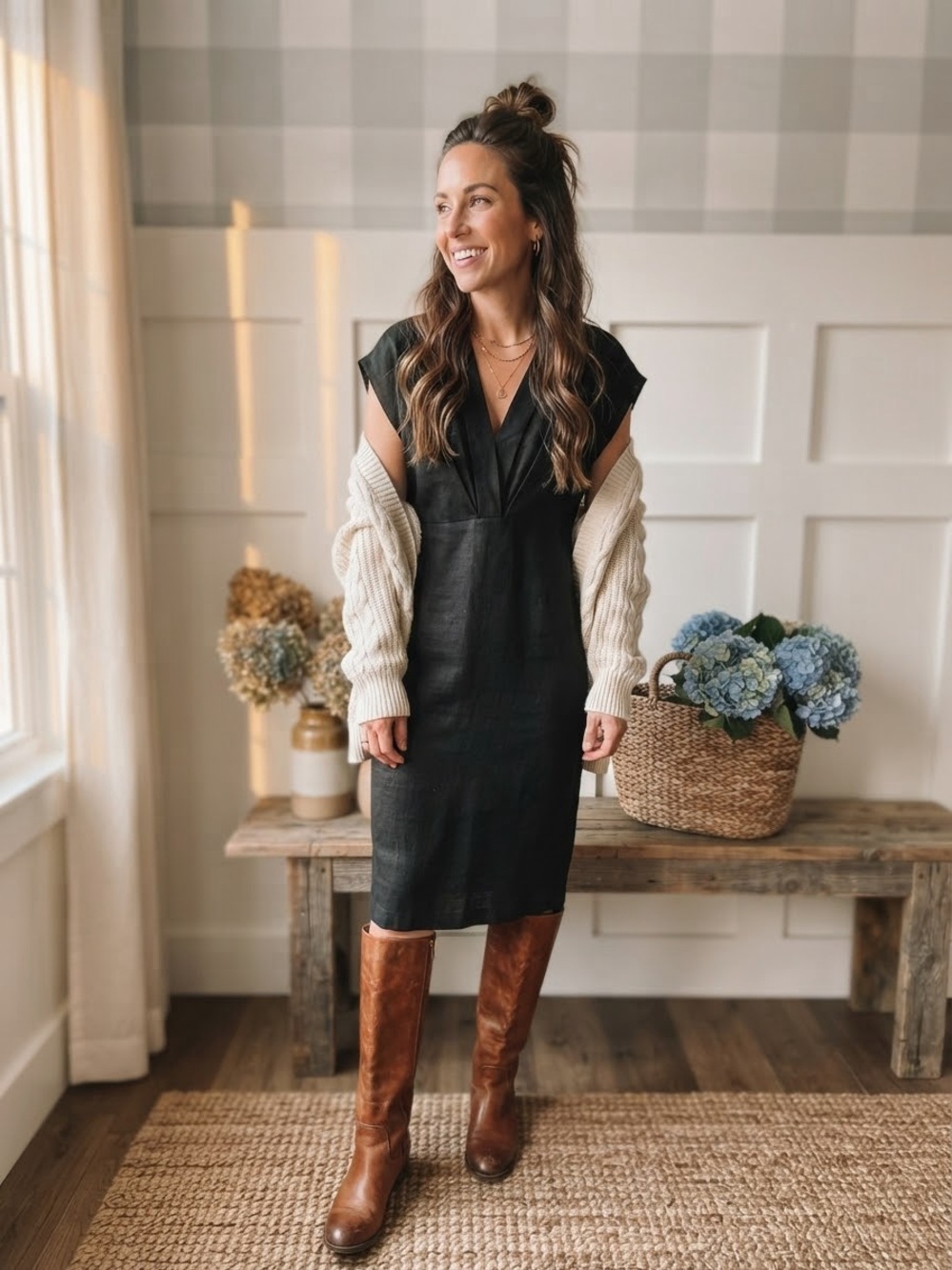 Banana Republic Linen Black V-Neck Midi Dress